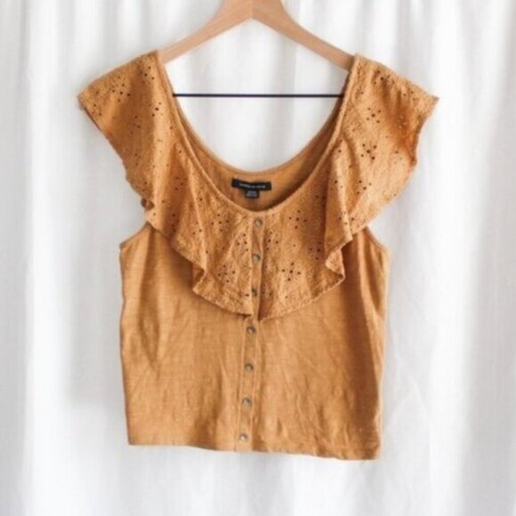 American Eagle Women's Ruffle Eyelet Top Yellow Orange Small - Picture 1 of 5